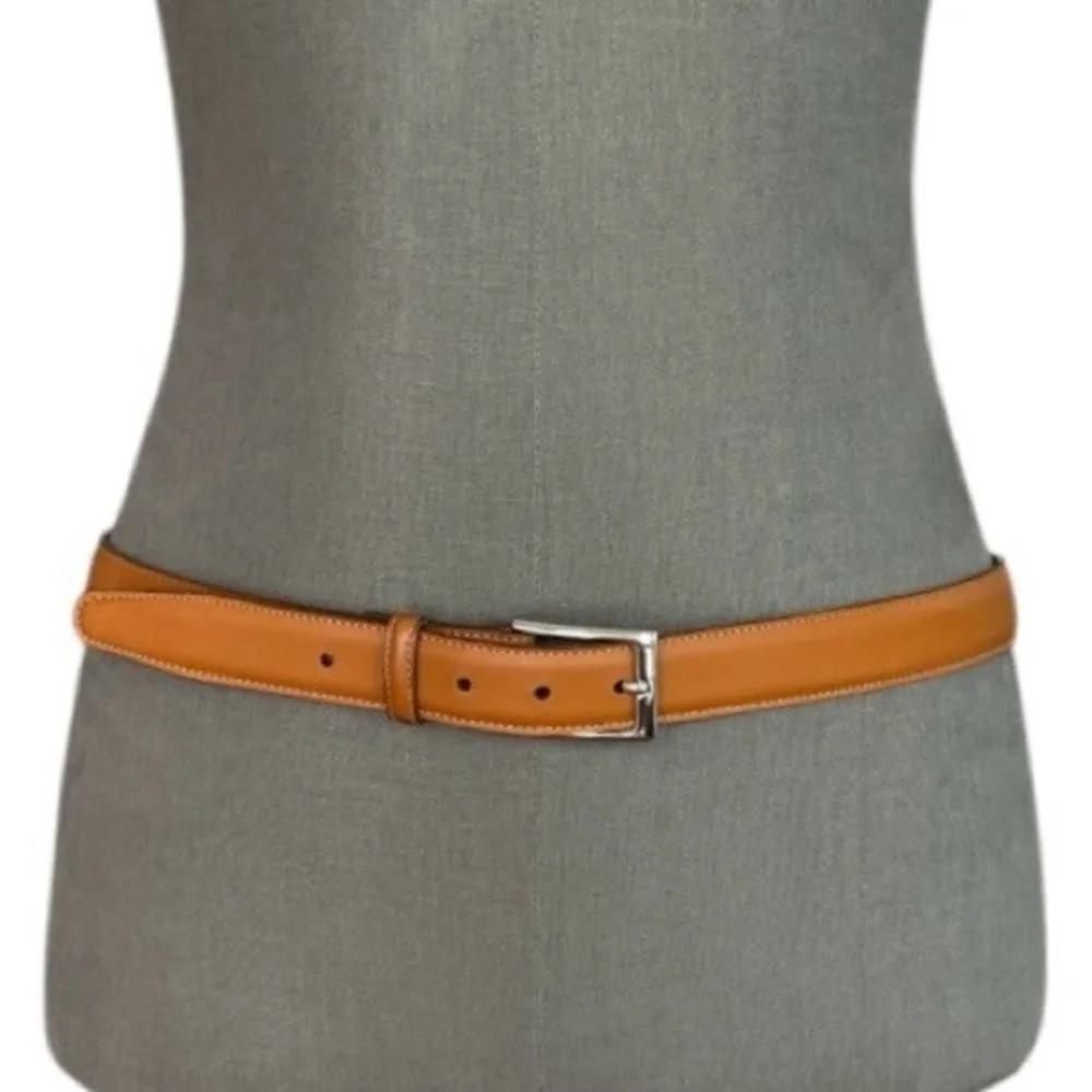 LANDS' END Mid Brown Genuine Leather Silver Solid Brass Buckle Dress Belt Sz 42